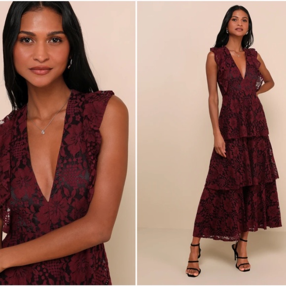 LULU's Sexy Boho Flowy Prom Wedding Bridesmaid Tiered Lace Floral Ruffles Maxi - Picture 1 of 5